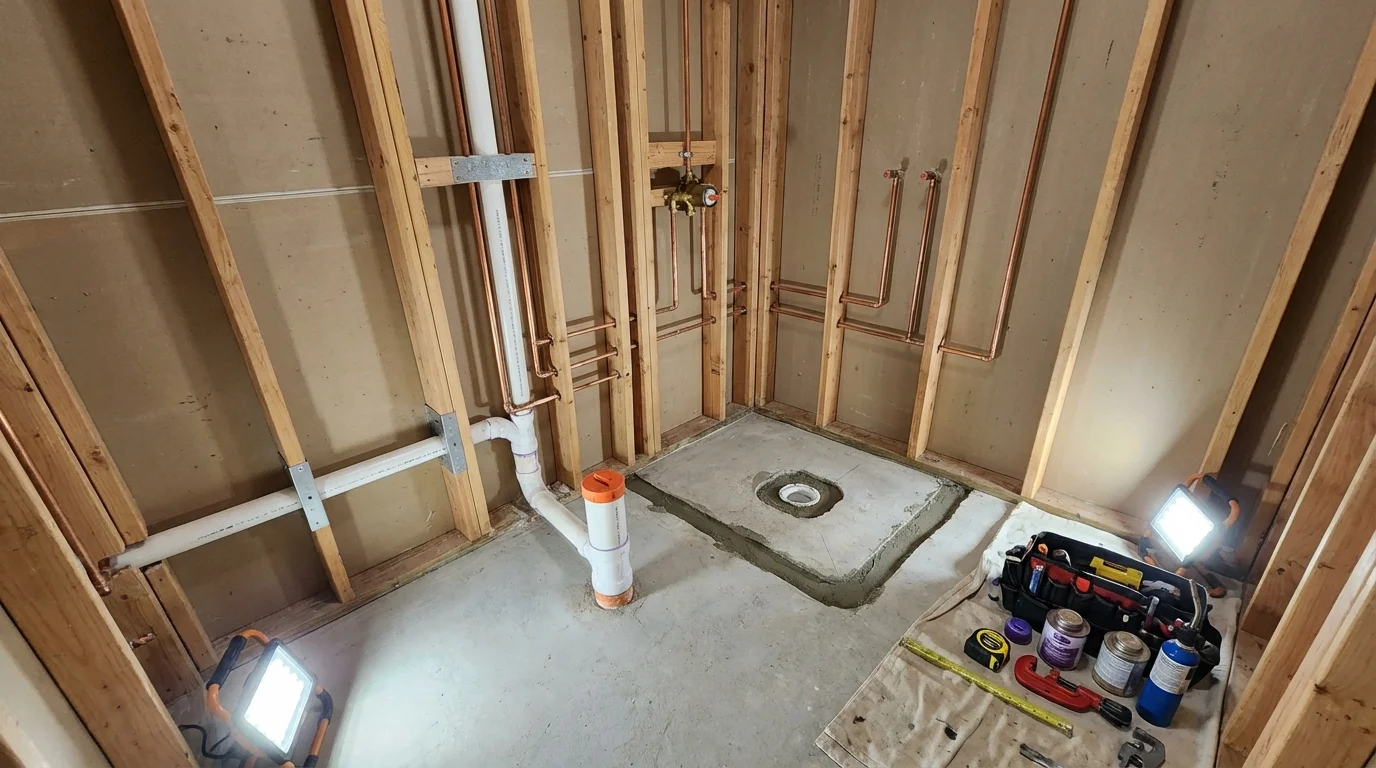 Bathroom rough-in plumbing during remodel by Johns Plumbing LLC in San Antonio