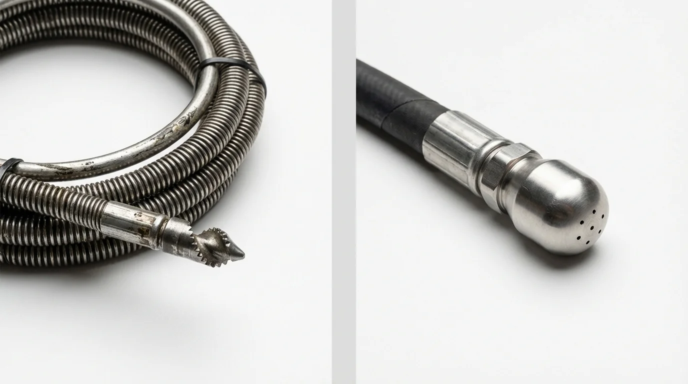 Drain snake cable and hydro jetting nozzle used for drain cleaning in San Antonio, TX