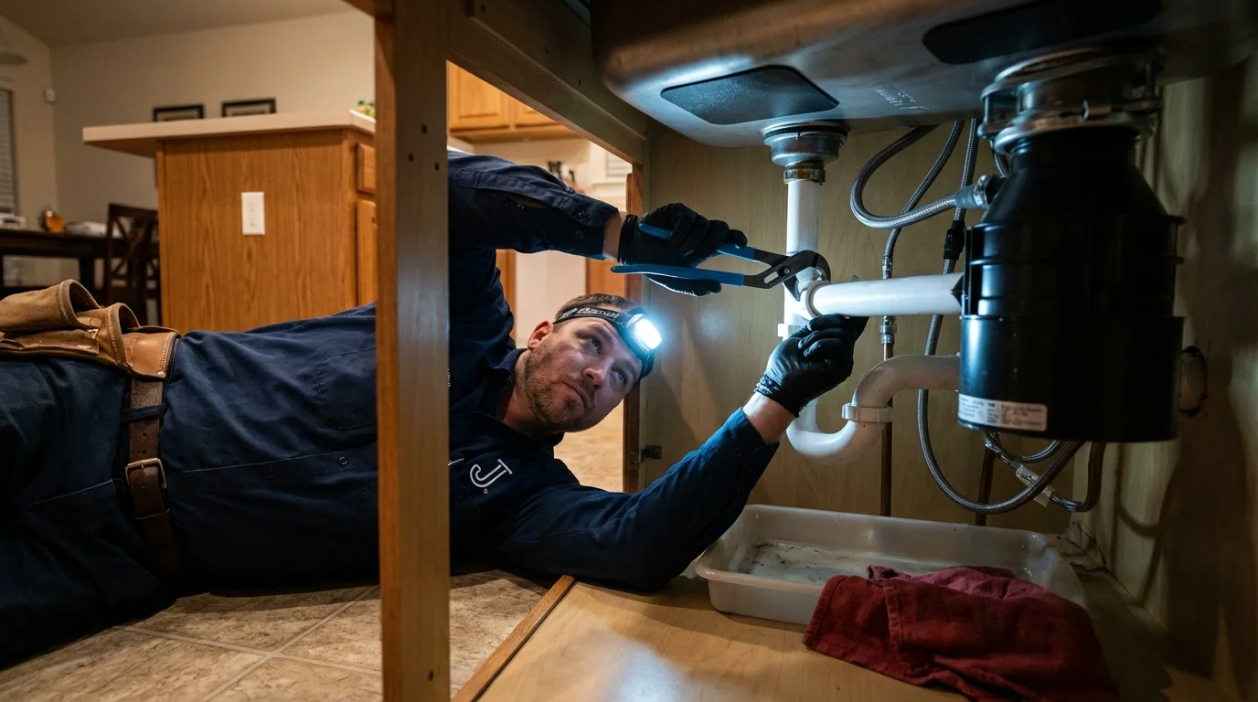 P-trap and supply line connections under a kitchen sink showing a common leak point in San Antonio, TX